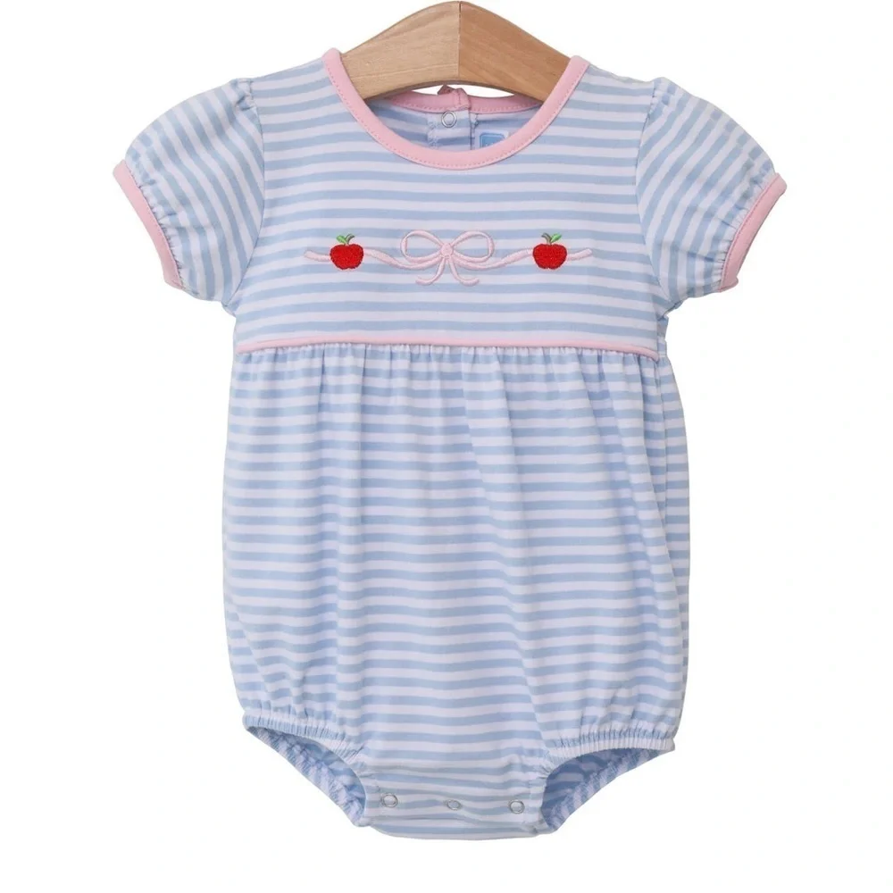Trotter Street Kids bows apples appliqué bubble romper striped baby girl school